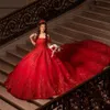 Glitter rode pailletten Appliques Princess Quinceanera kleedt van de schouder Long Charro Prom Sweet 16 -jurk met boog terug luxe Vestido de 15 VX Anos