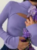Dames T -shirts Zwart gebreide Crop Top Streetwear met lange mouwen Y2K kleding Spring herfst Solid sexy shirt Hollow Out Purple Tees