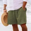 Mens summer cotton and linen shorts with drawstring elastic waist straight legs solid color breathable daily beach capris 240412
