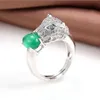 S925 Pure Silver Natural Chalcedony Leopard Head Jade Resizable Ring 240420