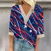 Women's T Shirts Loose Casual 3/4 Sleeve V-Neck Lace Independence Day Printed T-Shirt Top Korean Reviews Many Clothes Official Store