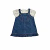 Ensembles de vêtements Blue Denim Stracles Robe 2 pièces Set Girl's Spring Summer Sweet Souevelless Ruffles Hem Mini Grey Irregular Edge T-shirt