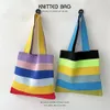 Rainbow randig handväska Ny Ctrast Color Korean stil Eco Friendly Shopper Tote Handvävd stickad axelväska 60V8#