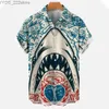 Camisas masculinas Novo botão de roupas de animais 3D masculino de mangas curtas Rouse de rua Haian Shark camisa YQ240422