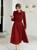 Casual Dresses Red Woolen Dress and Vest Two Piece Set 2024 Autumn Winter Women Elegant Slim Long Sleeve Belt Girls Shirt Outfit 2212