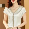 Women's Blouses Solid V-Neck Tassel Satin Bat Sleeve Blouse Loose Women Silk Fashion Tops Summer Blue Office Lady Blusa 15494