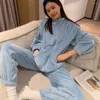 Women's Sleepwear Women Thicken Velvet Ribbed Fleece Warm 2 Piece Solid Winter Pullover And Pants Zip Suit Pajama Sets Can Be Worn