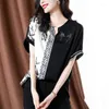 Women's Blouses 2024 Summer Printed Patchwork Blouse V-neck Fashion Commuting Versatile Short Sleeve Loose Silk Pullover Shirt Tops