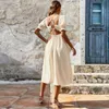 Damen sexy Rückenless Split Square Kragen Blasenhülle Elegant Französisch Kleid Ein Linienrock