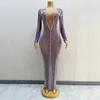 Stage Wear Sparkly Rhinestones Chain Women Long Sleeve Sexy Maxi Dress Evening Party Performance Performance Bar Singer