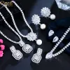 Necklaces Pera Pretty Shiny White CZ Series Tassel Square Flower Pearl Pendant Necklace Earrings Jewelry Sets for Women Party Gift J276