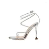 Casual Shoes European Nightclub Peep Toe Rhinestone Sandals Women's Fairy Style Stiletto Heel Lace Up Fashion High