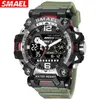 SMAEL Outdoor Tactical Mens Alloy Style Style Watch Night Glow مقاومة للماء مزدوجة شاشة الكوارتز الإلكترونية