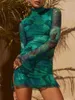 Casual jurken Aligaia Elegant Green Turtleneck Floral Mini Dress for Women Outfits Fashion Print Mesh Sheer Long Sleeve bodycon Party