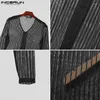 メンズカジュアルシャツのインカントップ2024韓国スタイルVネックストライプの視点ストリートウェア男性長袖カーディガンブラウスS-5XL