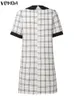 Casual Dresses Vonda Bohemian Elegant Mini Dress Women Short Sleeve Lapel Plaid Vestidos 2024 Summer Robe Office Streetwear Sundress