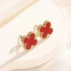 Top Quality Classic Style Five Red Earrings Fanjia Four Leaf Grass Shell 18k Gold Versatile Lucky