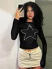 Women's T Shirts American Retro Minimalist Five-Pointed Star Print Round Neck Long Sleeve Top 2024 Autumn Tight Bottoming T-shirt For Women