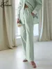 Pantalon à deux pièces pour femmes Oymimi Elegant Green Print Sett for Women 2 Pieces Fashion Patchwork Shirts Button Long Sleee et Straight Full