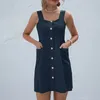 Casual jurken jurk voor vrouwen platte nek massief kleur mouwloze Botton -strappy