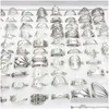 Band Rings Wholesale 100Pcs/Lot Mens Womens Stainless Steel Sier Laser Cut Patterns Hollow Carved Flowers Mix Styles Fashion Jewelry P Otrju