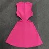 sweet hot pink women lady O neck flower mini designer bandage dress rose red ball gown dress party evening dresses free ship HL2515