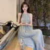 Grundläggande avslappnade klänningar Korean Summer Beach Dress Women Lose Solid Semeless Spaghetti Strap Oregelbundet Fairy Maxi Dresses Elegant Party Vocation 240419