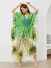 Шикарная павлин-перо принт плюс размер ручной сплоченной V Seck Kaftan Summer Women Women Beachwear Custuit Crest Up Cosy House Robe Q1636