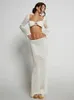 Hirigin Womens virkning Knit 2 -stycken kjol Set ihålig skörd topp långärmad rygglös tie up club bodycon klänning kläder 240419
