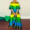 Luxury Rainbow Striped Women Evening Dress 2023 Sexy Elegant Loose Short Sleeve Maxi Dres Backless Oneck Bohe Dresses 240419