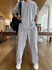 Summer Mens Korean Fashion Loose Silk Tracksuits Elastic Breattable Confort Thin Ruffled Tshirt Pants Two Piece Set Suit 240420