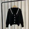 Kvinnors stickor Kort fast färg Cardigan Sweater Coat 2024 Spring Autumn Fashion Elegant Pin Bead V-Neck Långärmstick