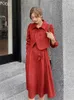 Casual Dresses Red Woolen Dress and Vest Two Piece Set 2024 Autumn Winter Women Elegant Slim Long Sleeve Belt Girls Shirt Outfit 2212