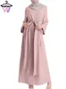 Ubranie etniczne Nowe na wiosnę Lato Kobiety Ubierz Ramadan Abaya Solid Solid Musulmane Lace-up talia Pełna długość nabożeństwa Abaya Long Sukienka D240419