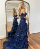 Błyszczące cekiny mgła niebieska balowa sukienka 2024 koronkowe z koraliki z tiulu na ramię wysoko niski pociąg formalny urodziny gala gali szat de soiree