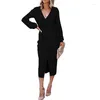 Casual Dresses Women's Elegant V-hals Knickad snörning Slim Fit långärmad klänning Fashion Solid Black Mid Length Party Vestidos 2024