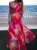 Podstawowe sukienki swobodne nowe kolorowe gradient nadruk boho świąteczny sukienka Kobiety Skew Kołnierz Bow Długość sukienki Sprężyna Lato Backless Sukienka plażowa 240419