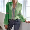 Women's Blouses Spring Lace Patchwork V-Neck Shirt voor modieuze lantaarn mouw losse femme tops 2024