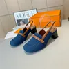 Nieuwste topkwaliteit denim blauw lage dikke hiel dames pumps muller slippers vierkant teen slingbacks merk luxe ontwerper casual dames rugriem zomersandalen