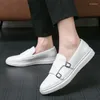 Casual Shoes 2024 Leather Men Dress Loafers Double Strap Buckles Designer For Business Formal Wedding Shoe