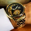 Watches Gold Skeleton Mens Watch Vintage Moon Phase Tourbillon Automatiska mekaniska klockor Luxury rostfritt stål Rem lysande händer