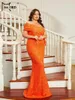 Robes de taille plus missord orange paille-bal robe de bal élégante Femmes une épaule sans manches volants bodycon