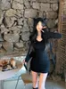 Casual jurken Qweek Gothic Goth sexy Harajuku Bandage bodycon wrap zwarte mini -jurk vrouwen 2024 lente herfst y2k feest kort Koreaans