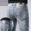 Erkekler Kot Tasarımcı Ailesi Erkekler İçin Üst düzey Kotlar İlkbahar/Yaz Elastik Kabartmalı İnce Fit Küçük Düz Mavi Günlük Pantolon