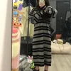 Casual Dresses Vintage Striped Midi Dress Women Korean Harajuku Fashion Knitting Temper O-neck Streetwear Teens Hip Hop College All-match