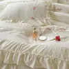 Sängkläder set comforter prinsessa barn flickor koreansk stil Seersucker Set Ruffled duvet täcker lakan linne 2m