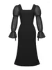 Casual klänningar mode elegant formellt tillfälle lång klänning damer kvinnor söt svart fyrkantig krage smal mantel femme mujer vestidos party prom