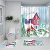 Rideaux de douche rideau de Noël Winter Snowman Farm Red Bird Barn Snowy Truck Cartoon Bathroom Mat Decoration Ensemble