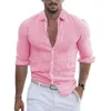 Mens de verão de algodão e linho camisa de lapela praia de manga longa de cor sólida para férias havaianas roupas 240419