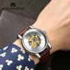 Kits Vigoroso Mechanical Watch Men Black Brown Leather rostfritt stål Case Skeleton Gold Movement Brand Wristwatch Relojes Masculino